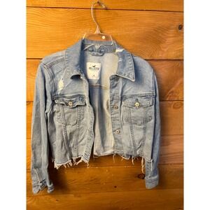 Hollister‎ Denim Jacket Blue Medium Distressed Cropped Raw Hem Casual Womens Y2k